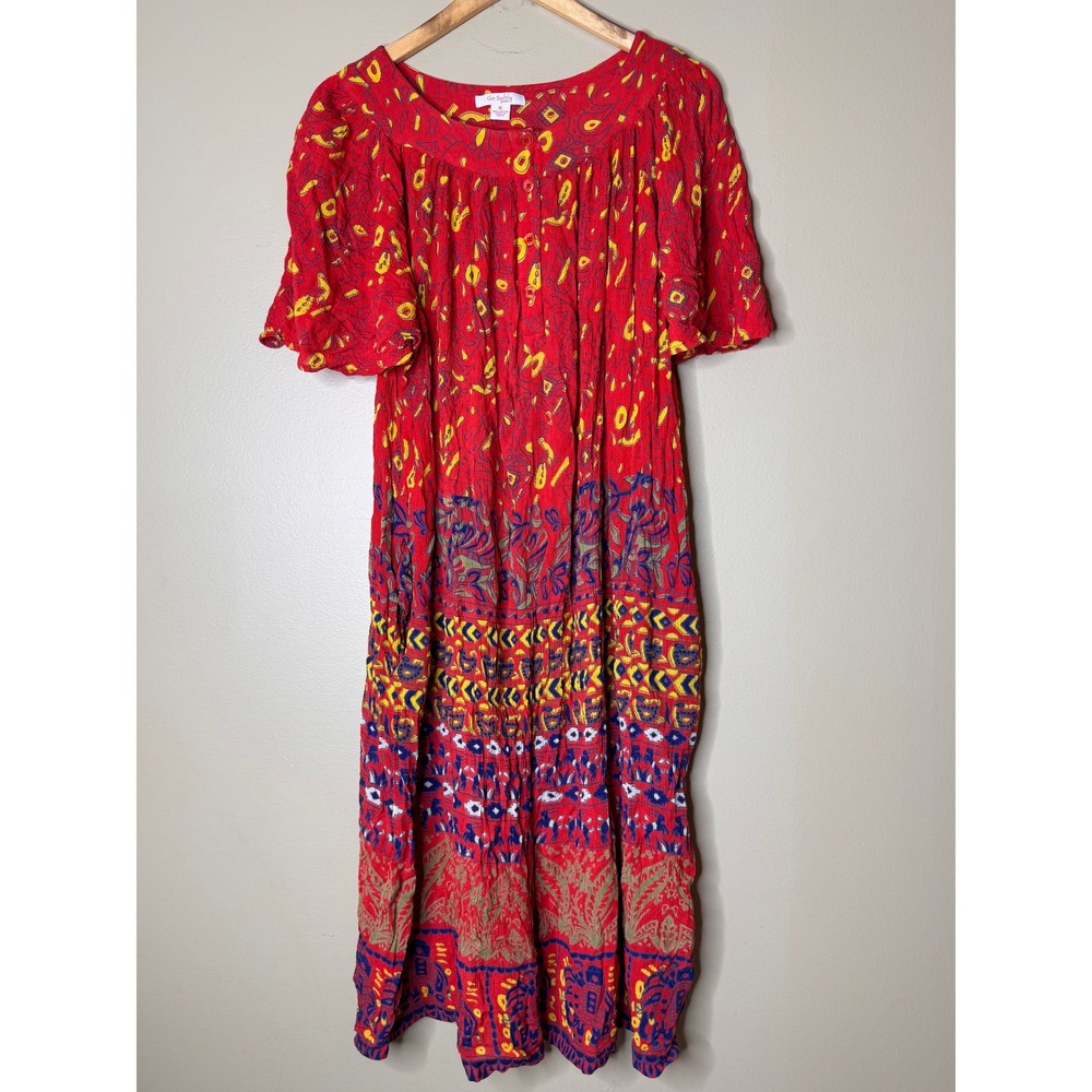 Go Softly Red Indian Block Print Maxi Dress XL Boho Folk Cottagecore